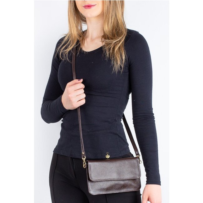 Clutch mini bolsa de couro liso Nicole - Café