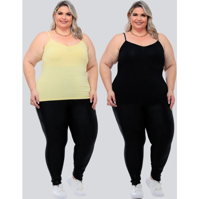 Kit 2 Peças Regata Plus Size Feminina Básica GARAIS MODA Alcinha Fina Leve estilo Casual moda Verão Blogueira Preto Amarelo