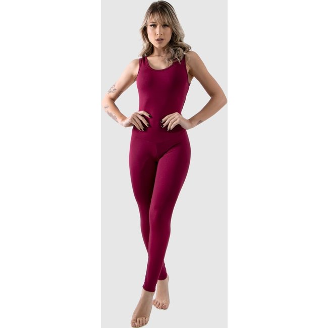 Macacão Feminino Suplex Longo Fitness Academia Ginástica Carol Costas Abertas Esporte 4 Estações Vinho