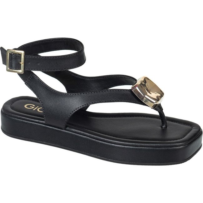 Sandália Feminina GiGiL Tiras de Dedo Flatform Baixa Detalhe Metalizado Ajuste Fivela no Tornozelo Preto