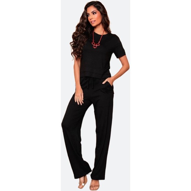 Conjunto Blusa Manga Curta e Calça Dellamarca Casual Comfort Preto