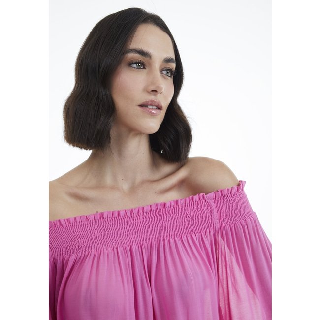 Blusa Viscose Traymon Ombro A Ombro Rosa Chiclete