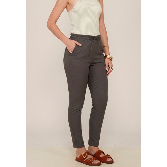 Calça Feminina Sarja Cintura Alta com Cordão Confortável Casual Versátil Chumbo