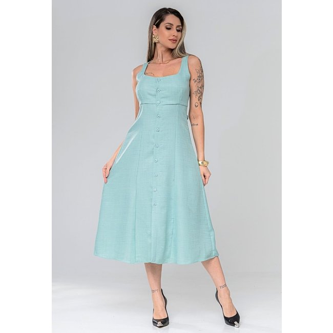 Vestido Mid Regata Fechamento Com Botões Frontais Moda Verão Casual Amarração Confortável Azul Claro