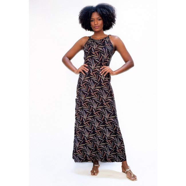 Vestido Longo Cabanafree Jennifer Malha Trapézio com Bolso Estampa Folhagem