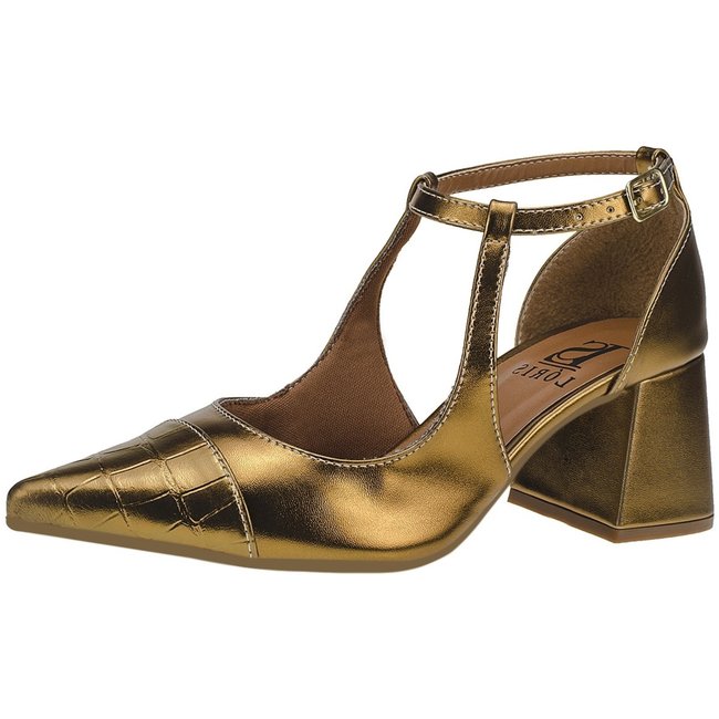 Scarpin Feminino Lóris Shoes Bico Fino com Salto Bloco Confortável Sapato Biqueira em Croco Fivela 18300 Bronze