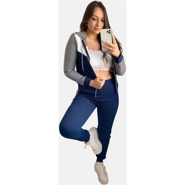 Conjunto Agasalho Summer Body com zíper e touca Xadrez com Azul