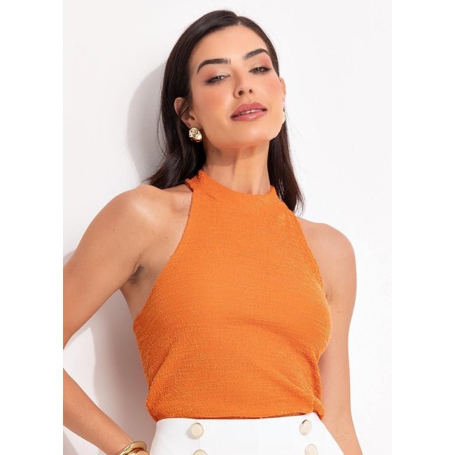 Blusa Em Malha Tweed. Quintess Laranja
