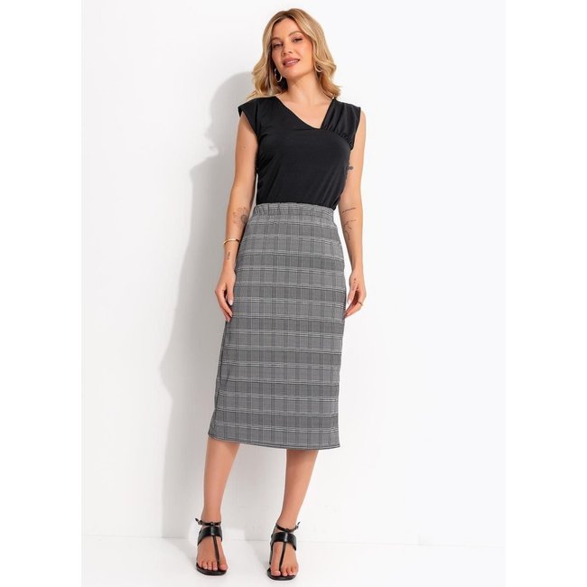 Saia Lápis Midi Xadrez Em Malha Jacquard Com Elástico No Cós - Quintess Quintess