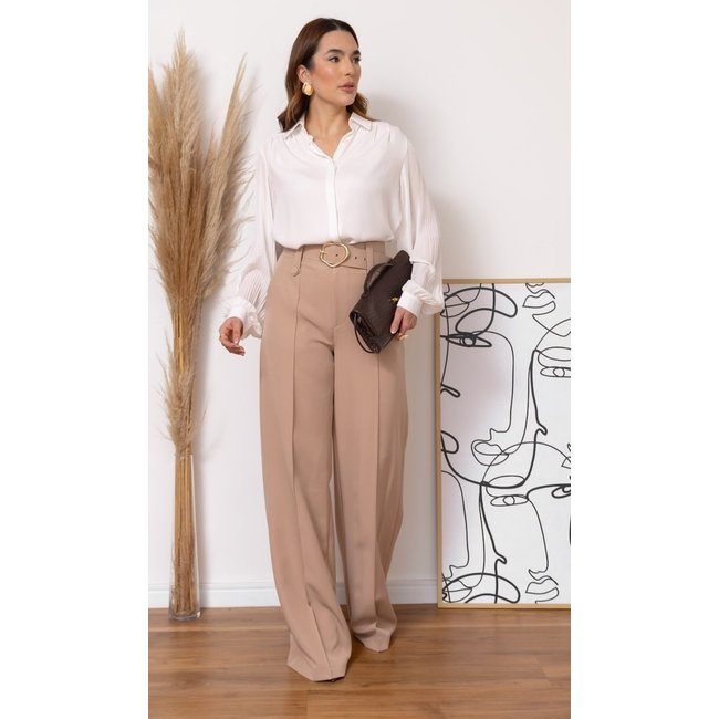Calça MOS Feminina Pantalona de Alfaiataria Social com Cinto Bege – Mariana Olympio