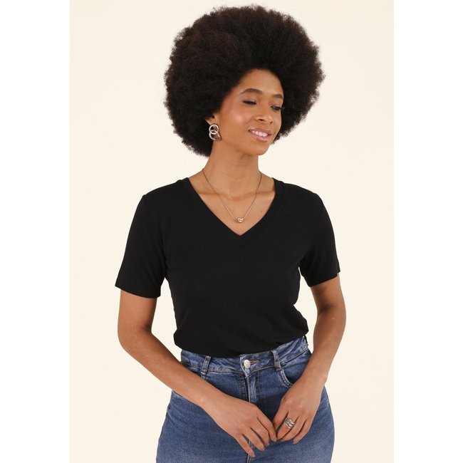 Blusa Pop Me Em Malha Tricot Manga Curta Decote V Preto