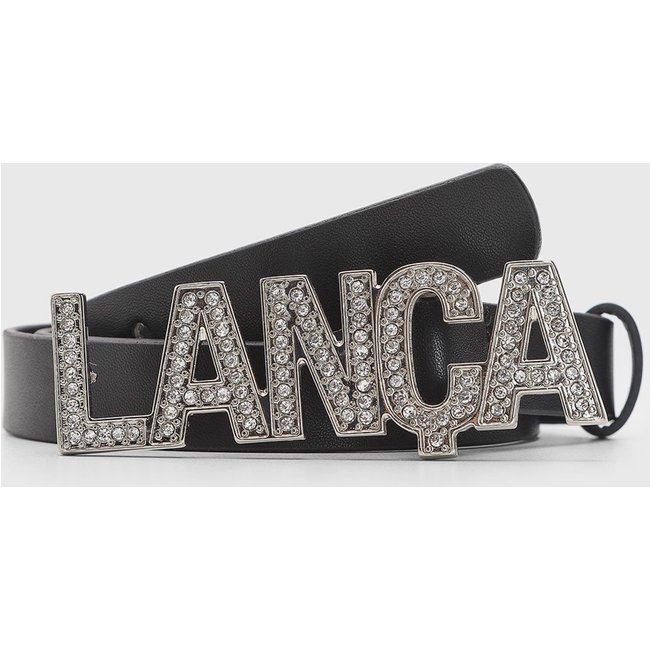 Cinto Feminino Lança Perfume Fivela Lettering Pedrarias Preto