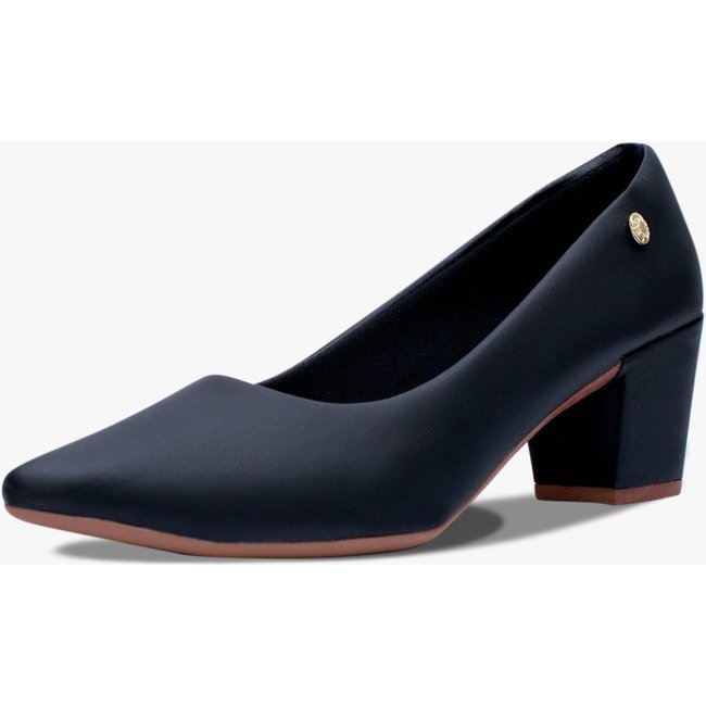 Scarpin Feminino Salto Baixo Bloco Grosso Sapato Sintético Bico Fino Preto