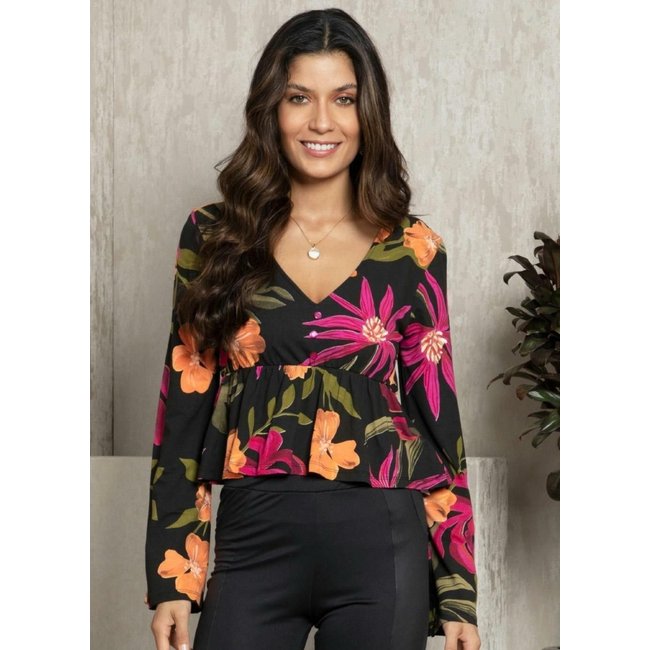 Blusa Botões Decorativos Floral Preto Quintess
