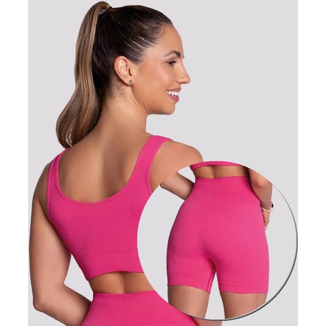 Conjunto Top e Shorts Selene Canelado Sem Costura Feminino Rosa