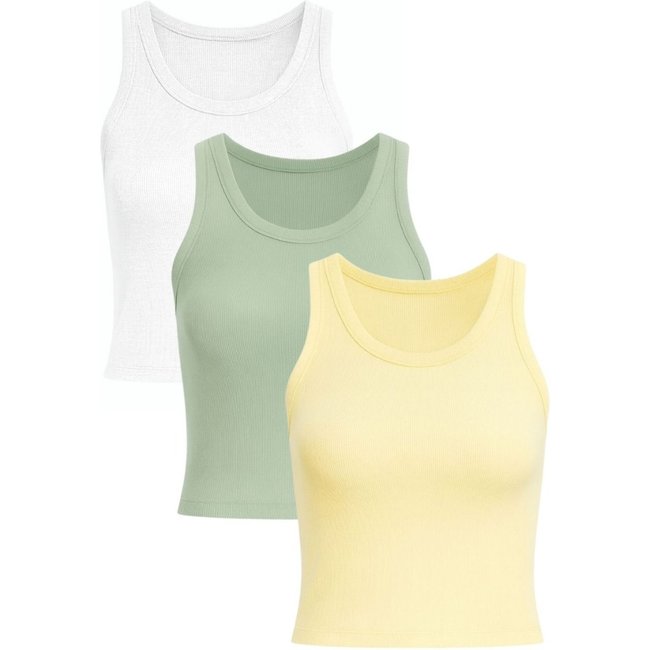 Kit 3 Regatas Cropped Feminina Ribana Canelada Verde, Amarela e Branca - 50497