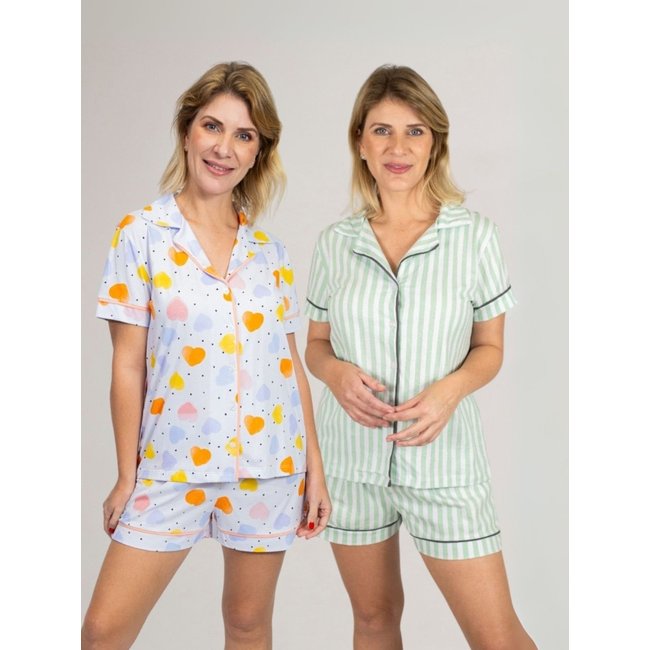 KIT Pijama Americano Curto Coração Colorido + Pijama Americano Curto Listrado Verde
