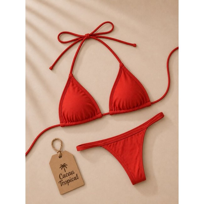 Biquíni Vermelho Feminino Cacau Tropical Top Cortininha com Calcinha Fita para Bronzeamento Moda Praia