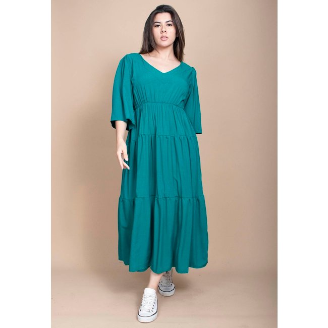 Vestido Longo Cabanafree Plano com Manga e Camadas Verde