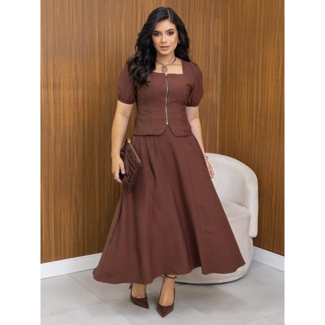 Conjunto Feminino Social Saia Rodada Blusa Zíper Manga Curta Elegante Marrom