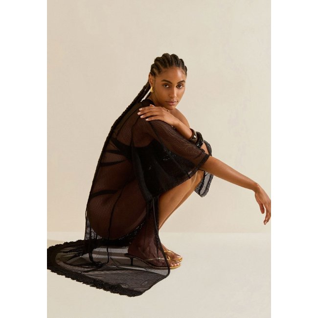 Kaftan Morena Rosa Solto Manga Longa Padrão Preto