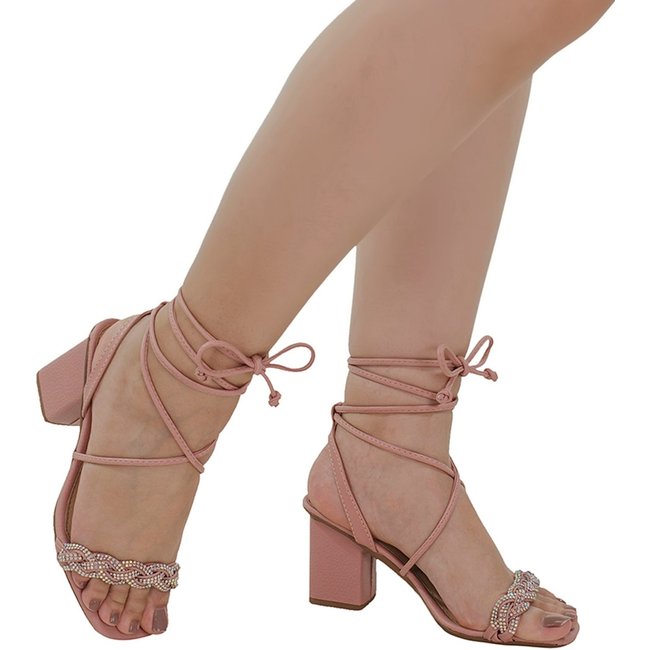 Sandália Feminina Salto Alto Bloco 7,5 cm Nude Numeração Especial