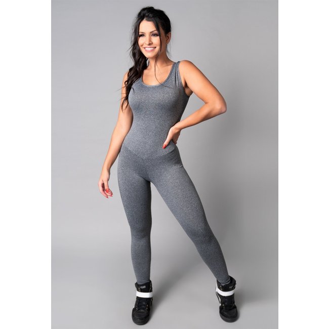 Macacão Longo MVB Modas Costa Nua Fitness Suplex Estampado Cinza