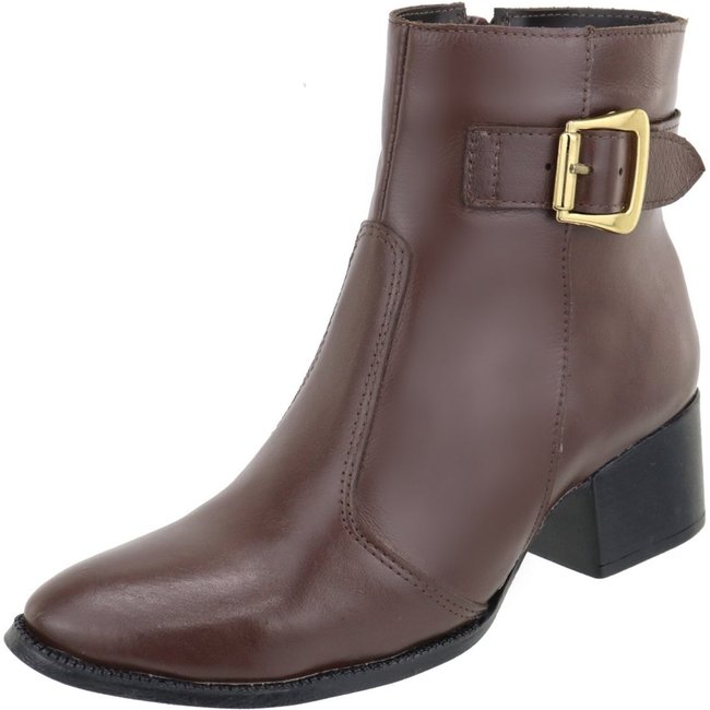 Bota em Couro Feminina Salto Cano Baixo Fivela Bico Fino Chocolate Tellini Store