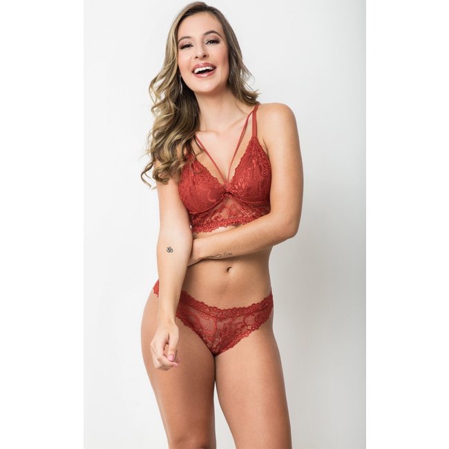 Conjunto Gabi Lingerie Maria Flor Sutiã Strappy Sem Bojo Calcinha Renda Sexy Terracota