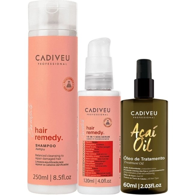 Kit Cadiveu Essentials Hair Remedy Shampoo Sérum e Açaí Oil 60 (3 produtos)
