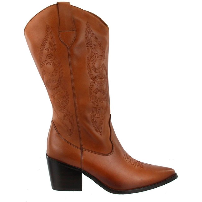 Bota Western Cowgirl Texana Country Em Couro Feminina Bico Fino Maria Paula Camel