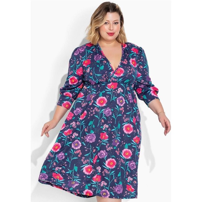 Vestido Manga Bufante Plus Size Floral Marinho Marguerite