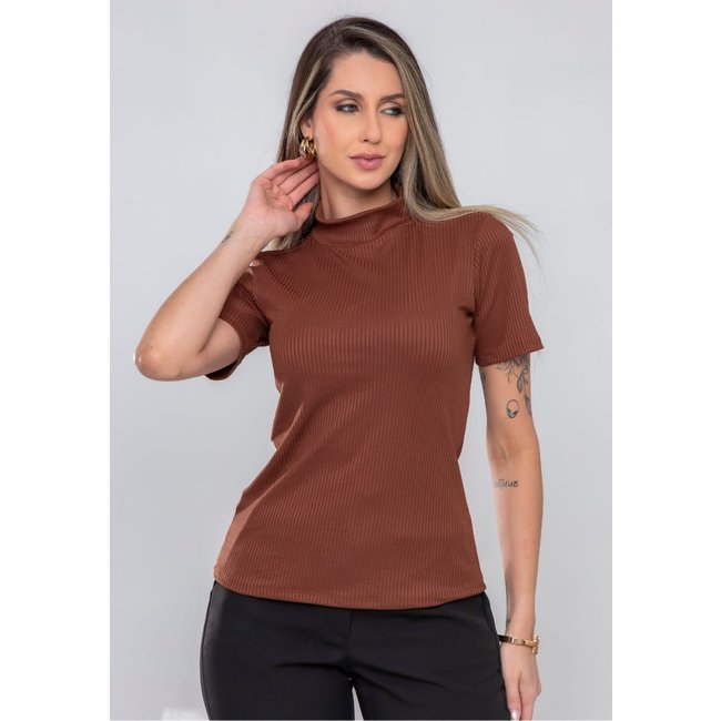 Blusa Feminina Canelada Premium Manga Curta Gola Alta - Marrom Docce Mulher