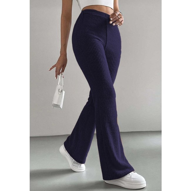 Calça Flare WLS Modas Cotelê Veludo Grossa Cós Alto Cintura Alta Azul
