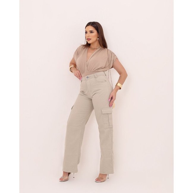 Calça Wide Leg Cargo Feminina CCW CENTRAL Confortavel e Pratica Bege