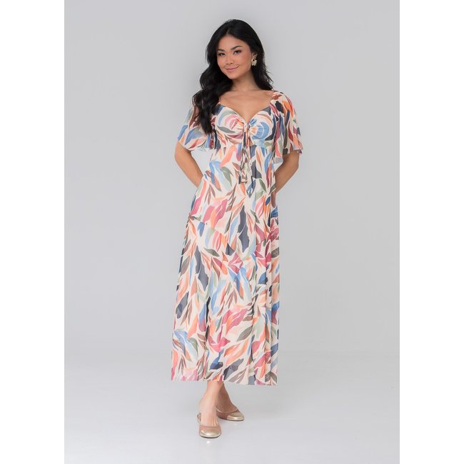 Vestido Aura Fernanda Tule Folhas Bege