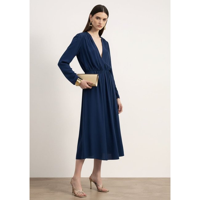 Vestido Iódice Ajustado Decote V Manga Longa Midi Azul