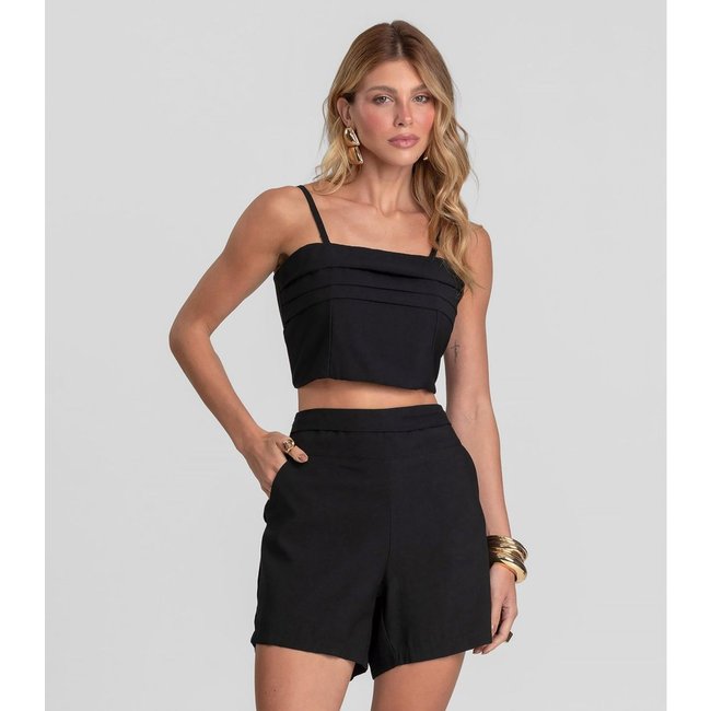 Shorts Feminino Cós Alto Em Alfaiataria Dianna Preto