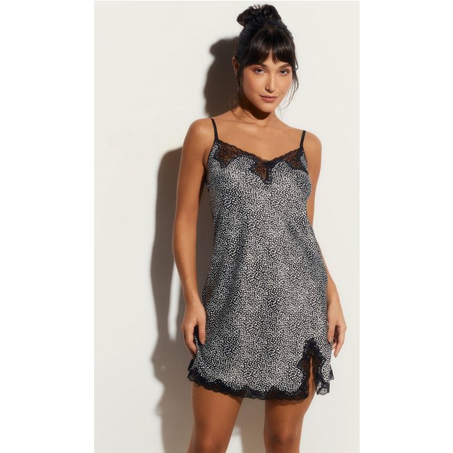 Camisola Curta Sem Manga Cetim Bella Luna Poa Preto/Branco
