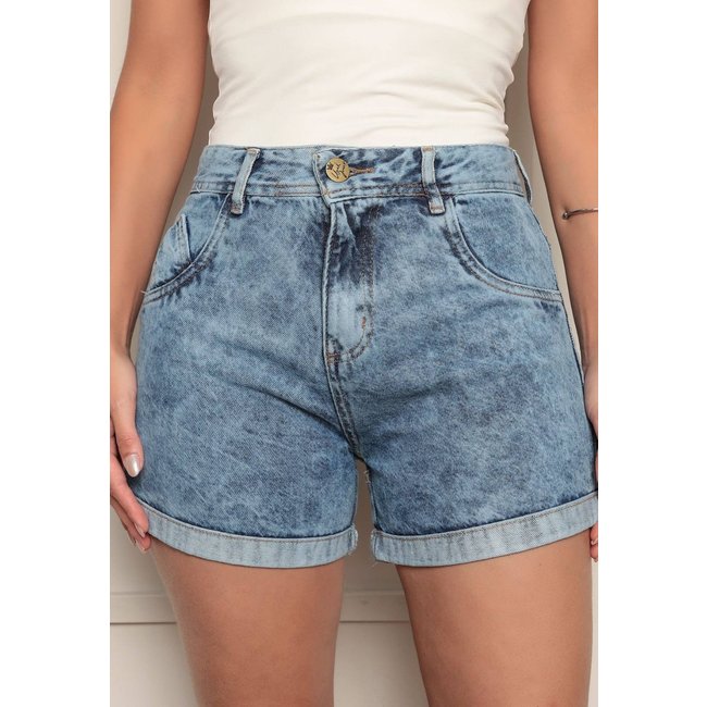 Shorts Feminino Ethereal Jeans Cintura Alta com Efeito Marmorizado