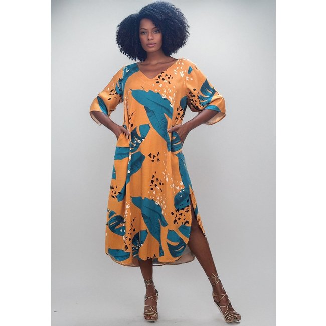 Vestido Midi Amazonia Vital Abapã Plano com Bolso Estampa Aurora Botânica
