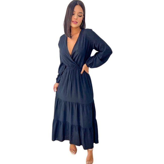Vestido Lara Midi Viscose Transpassado Preto