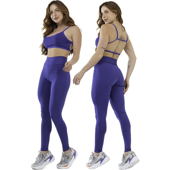 Conjunto Fitness Gringa Feminino Bravaa Store Academia Calça Legging Top Decote 080+124 Azul