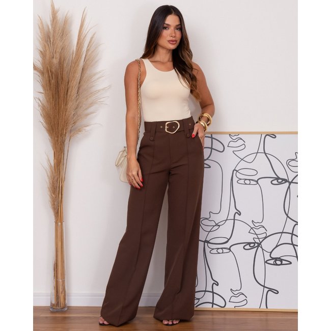 Calça MOS Feminina Pantalona de Alfaiataria Social com Cinto Marrom – Mariana Olympio