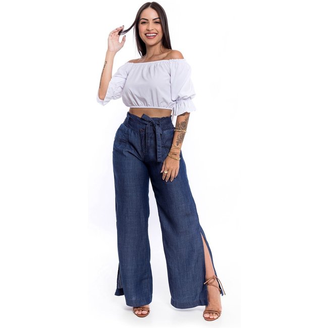 Calça Pantalona Restrito Jeans Liocel com Lastex - AZUL ESCURO