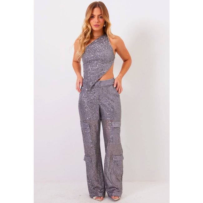 Conjunto Top e Calça Paetê Feminino Planet Girls Cinza
