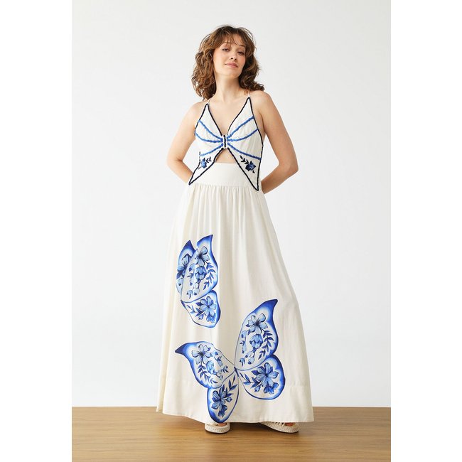 Vestido FARM Longo Bordado Borboleta de Porcelana Off-White