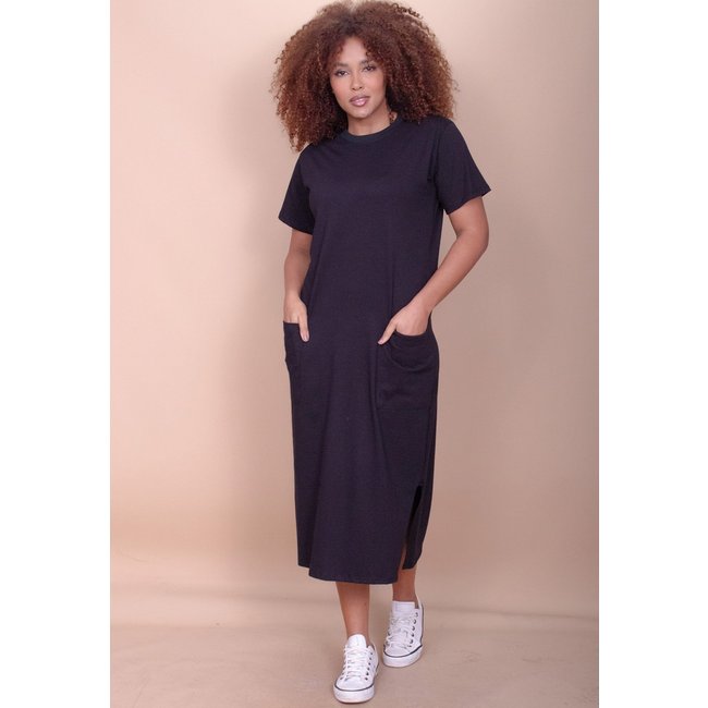 Vestido Cabanafree Midi Algodão Manga Curta 02 Bolsos Preto