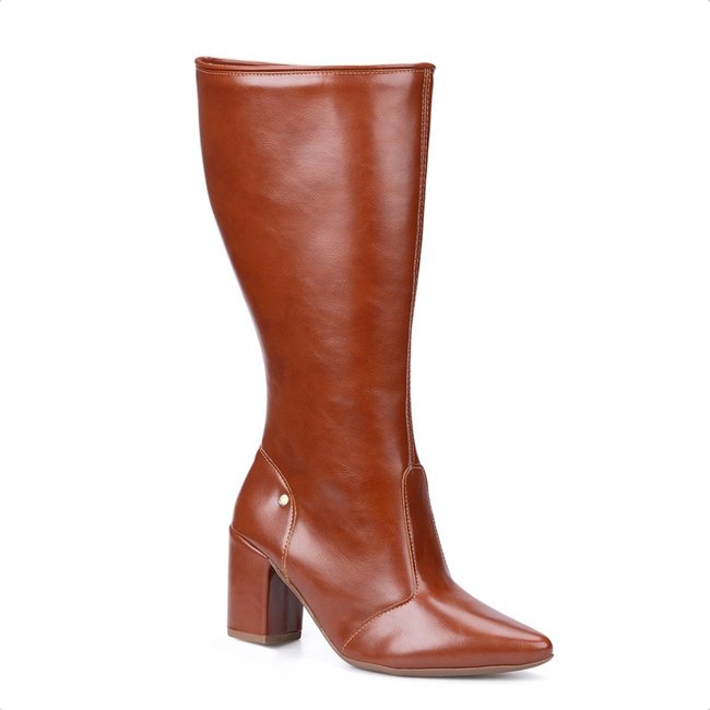 Bota Social Domidona Feminina Caramelo Cano Alto Bico Fino Salto Alto Bloco