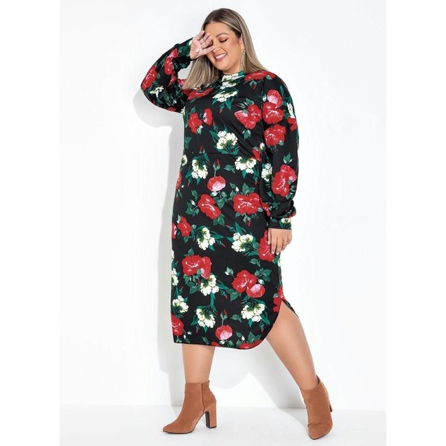 Vestido Com Gola E Manga Longa Plus Size Floral Marguerite